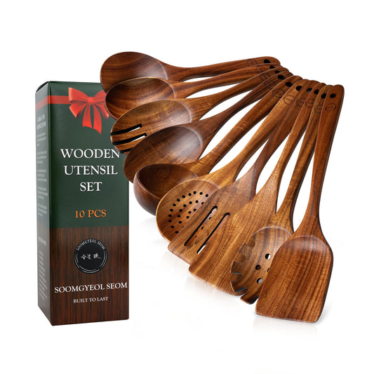 Wooden Spoons for Cooking – 6-12 Piece Teak Wood Cookware Utensil Set with Smooth Finish – Non-Stick, Comfortable Grip – Durable, Heat Resistant Kitchen Utensils (10 PCS Set)