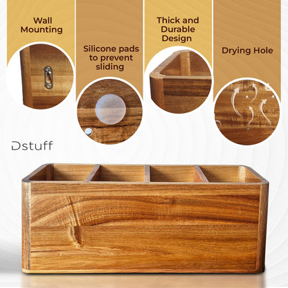 Dstuff Large Kitchen Utensil Holder Organizer for Counter or Countertop, Wooden Storage Container for Cooking and Silverware, Acacia Rustic Wood (4 Compartments)