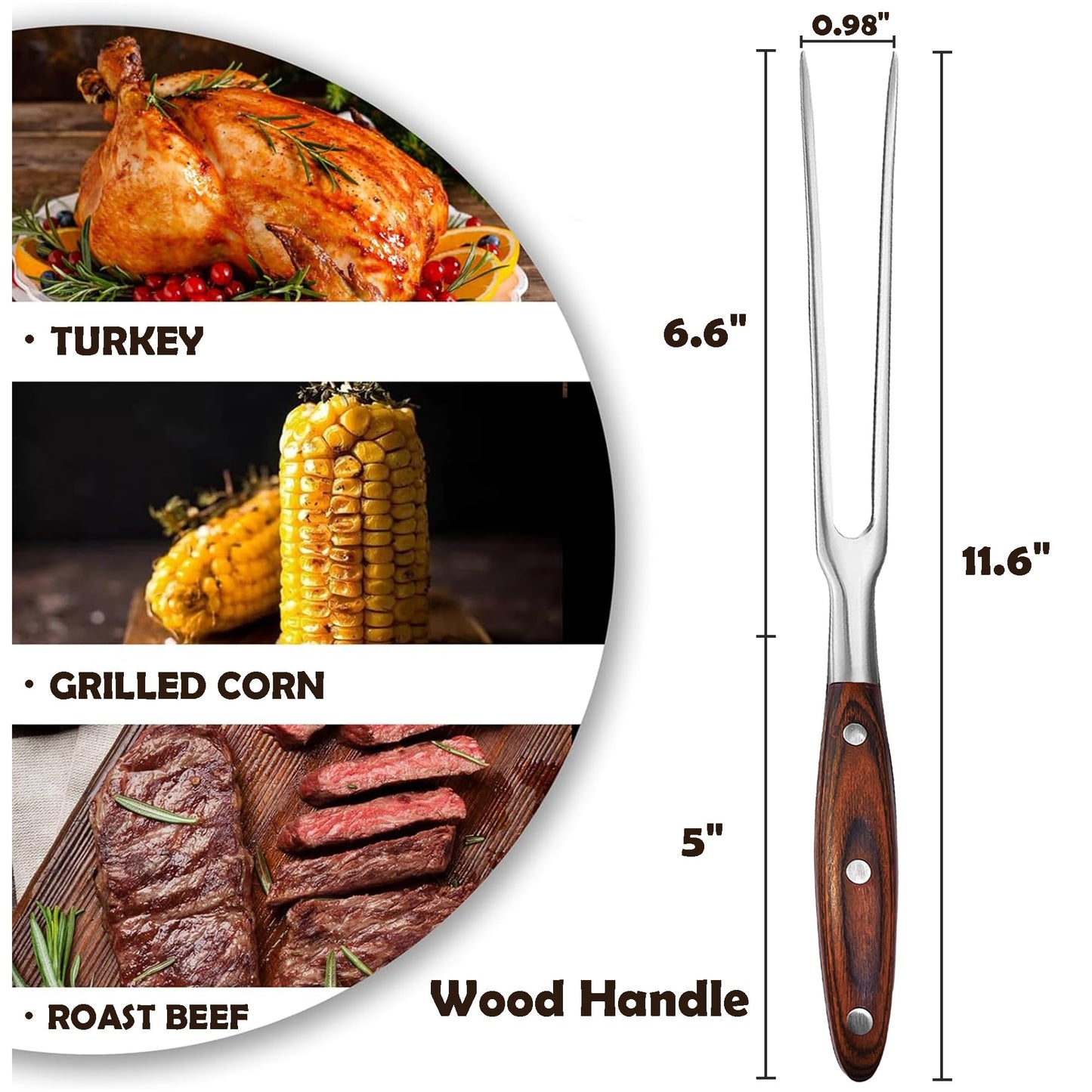 BOHK Heavy Duty Stainless Steel Carving Fork 11.6 Inch BBQ Meat Fork & Serving Fork for Cooking Roasting Meat Shredding (Wood Handle)