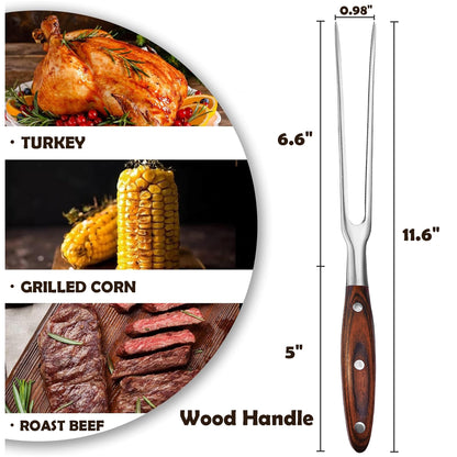 BOHK Heavy Duty Stainless Steel Carving Fork 11.6 Inch BBQ Meat Fork & Serving Fork for Cooking Roasting Meat Shredding (Wood Handle)
