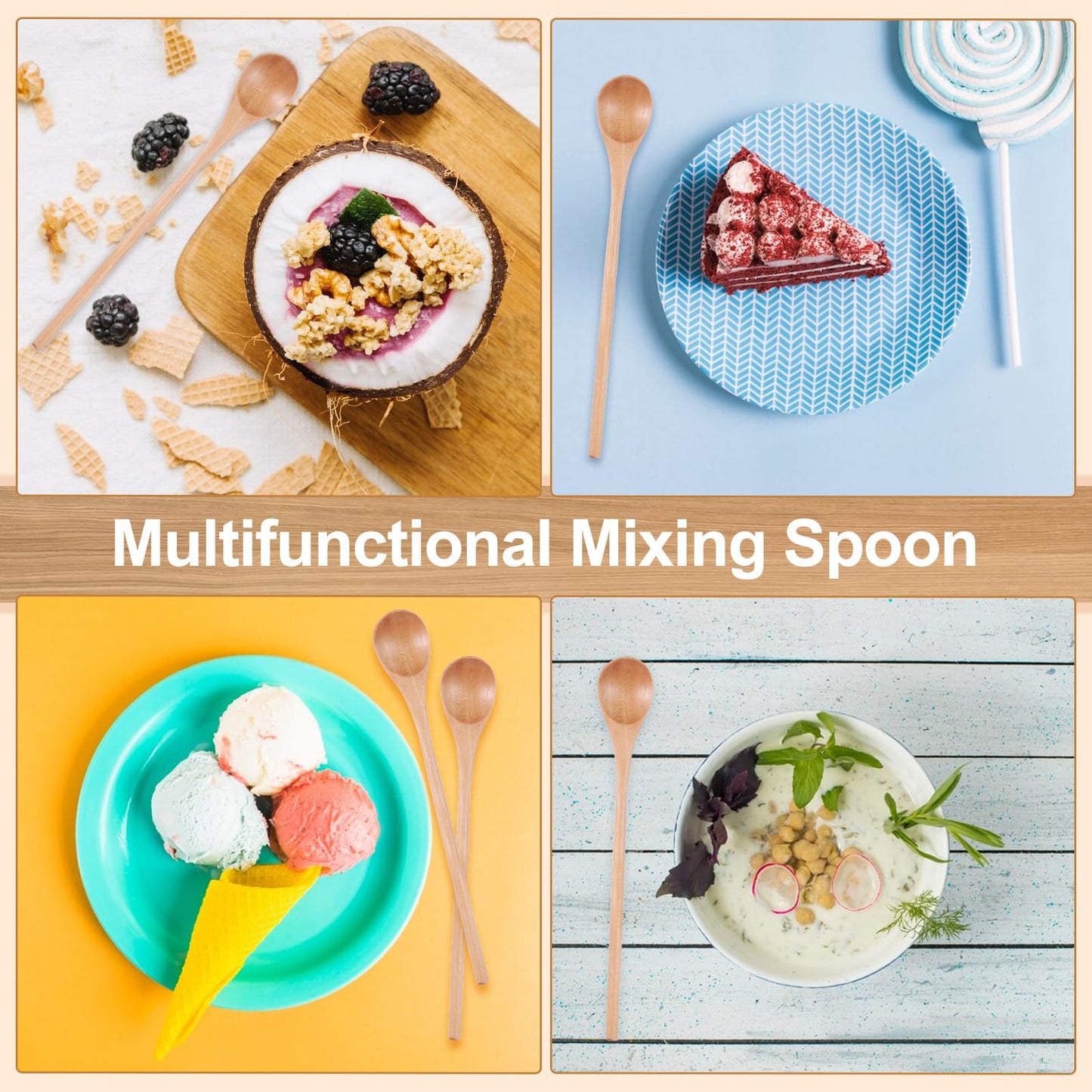 Gjinxi 2Pcs Natural Wood Long Handle Spoons, Wooden Tasting Spoon, Birch Handcraft from Teak, Mixing Honey Spoon for Coffee, Tea, Milkshake Kitchen Stirring