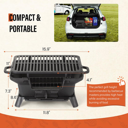 Hibachi Grill Outdoor, Portable Mini Charcoal Grill, 100% Pre-Seasoned Cast Iron, Small Japanese Yakitori Tabletop Skillet Grill Stove for Outdoor Camping