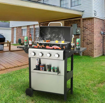 4-Burner Propane Gas Grill with 2 Foldable Side Tables, 34,200 BTU Outdoor BBQ Grill with Porcelain-Enameled Flame Tamers, Built-in Thermometer, Easy Assembly for Patio, Backyard BBQ
