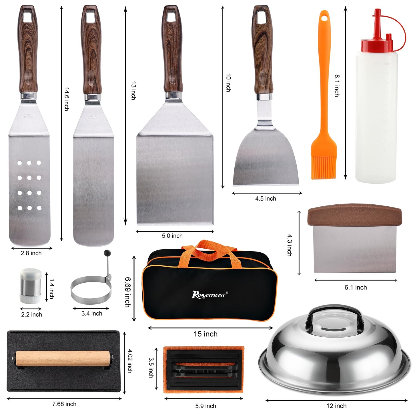 ROMANTICIST 19PCS Griddle Accessories Set - Flat Top Teppanyaki Spatula Set with Scraper, Basting Cover for Camp Chef- Home Cooking Griddle and Outdoor BBQ Gifts for Christmas