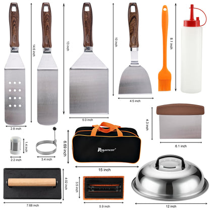 ROMANTICIST 19PCS Griddle Accessories Set - Flat Top Teppanyaki Spatula Set with Scraper, Basting Cover for Camp Chef- Home Cooking Griddle and Outdoor BBQ Gifts for Christmas