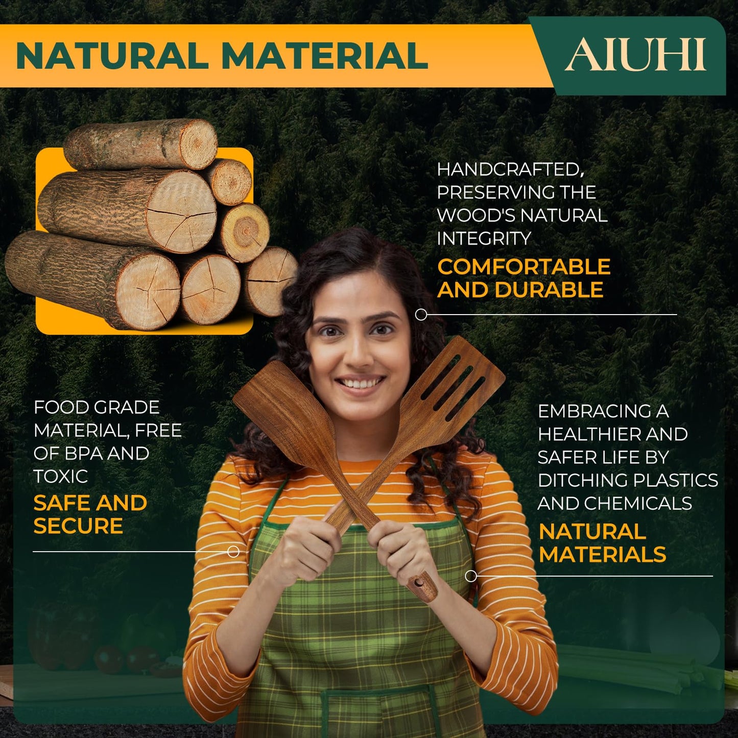 AIUHI Teak Wood Spatula for Cooking, Durable Flat Turner and Slotted Spatula for Nonstick Cookware, Long Handle Natural Wooden Cooking Utensils 2 Pieces