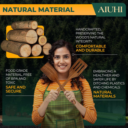 AIUHI Teak Wood Spatula for Cooking, Durable Flat Turner and Slotted Spatula for Nonstick Cookware, Long Handle Natural Wooden Cooking Utensils 2 Pieces