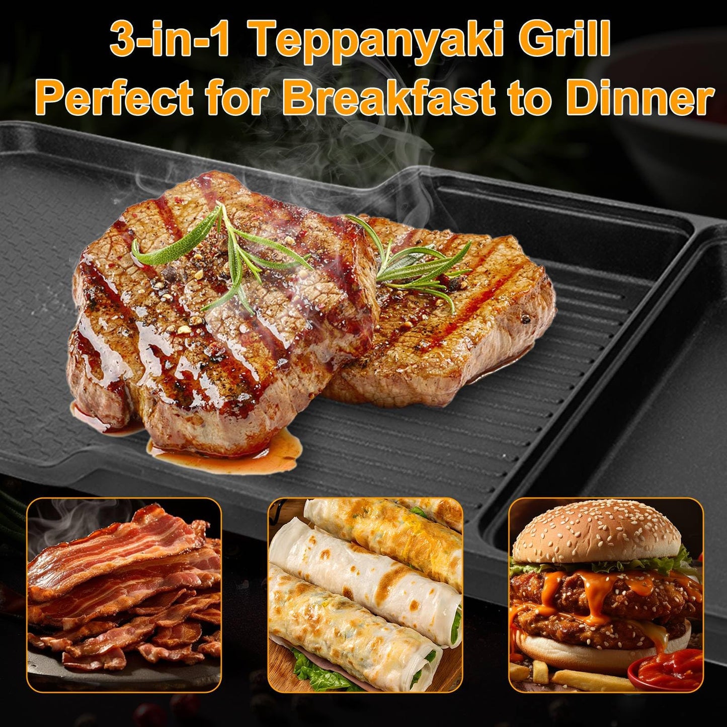 AEWHALE 3-in-1 Electric Nonstick Griddle Grill 1800W,Teppanyaki Grill with Removable Temperature Control & Drip Tray for Pancakes Burgers Eggs,22"x 10.5"