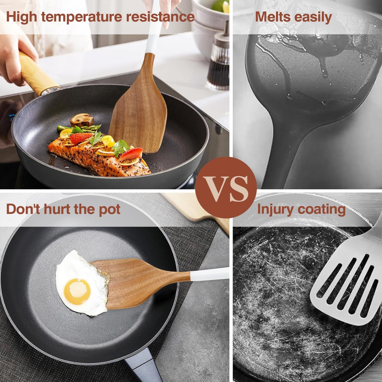 ROSOS Wooden Spoons For Cooking, 6 Pieces Natural Acacia Wooden Cooking Utensils or Non-Stick Wood Kitchen Utensil Set for Kitchen Essentials, Wooden Cooking Utensils Set with Hanging Hole, White