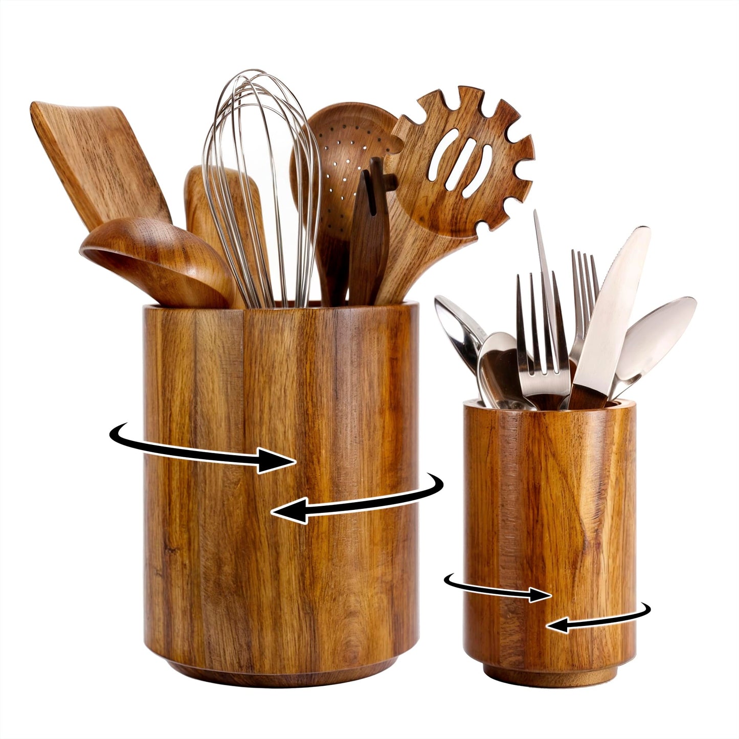 LIOZLIOLY Large Acacia Wood Utensil Holder for Kitchen Counter, 360° Rotating Kitchen Utensil Holder, Set of 2 (7.9" & 5.9"), Rustic Farmhouse Decor Accessories