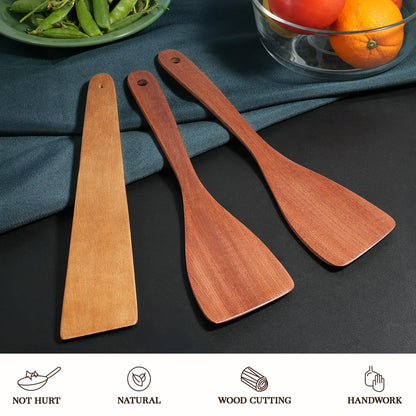 3Pcs Wooden Spatulas, 12inch Long Handle Flat Spatula Set for Nonstick Pans, Multipurpose Wooden Spoons for Cooking, Wood Cooking Utensil for Frying, Flipping, Scraping, and Turning