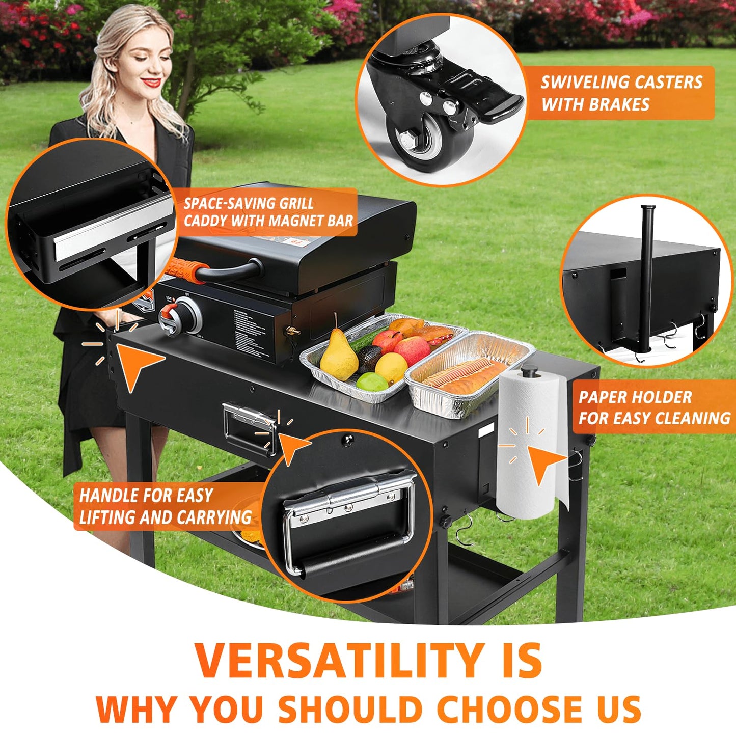 Foldable Grill Table Cart for Ninja Woodfire OG700, Blackstone Portable Griddle, Weber, Ooni Pizza Oven – Portable Outdoor BBQ Prep Stand with Caddy, Ideal for Camping and Tailgating