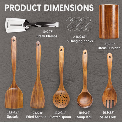 Hefild Premium Wooden Spoons for Cooking, and Wooden Spatula for Cooking & Wood Spatula, 12 pcs Wooden Utensils for Cooking, Teak Wood Utensils Set for Non-Stick Cookware, Present for Chefs & Home