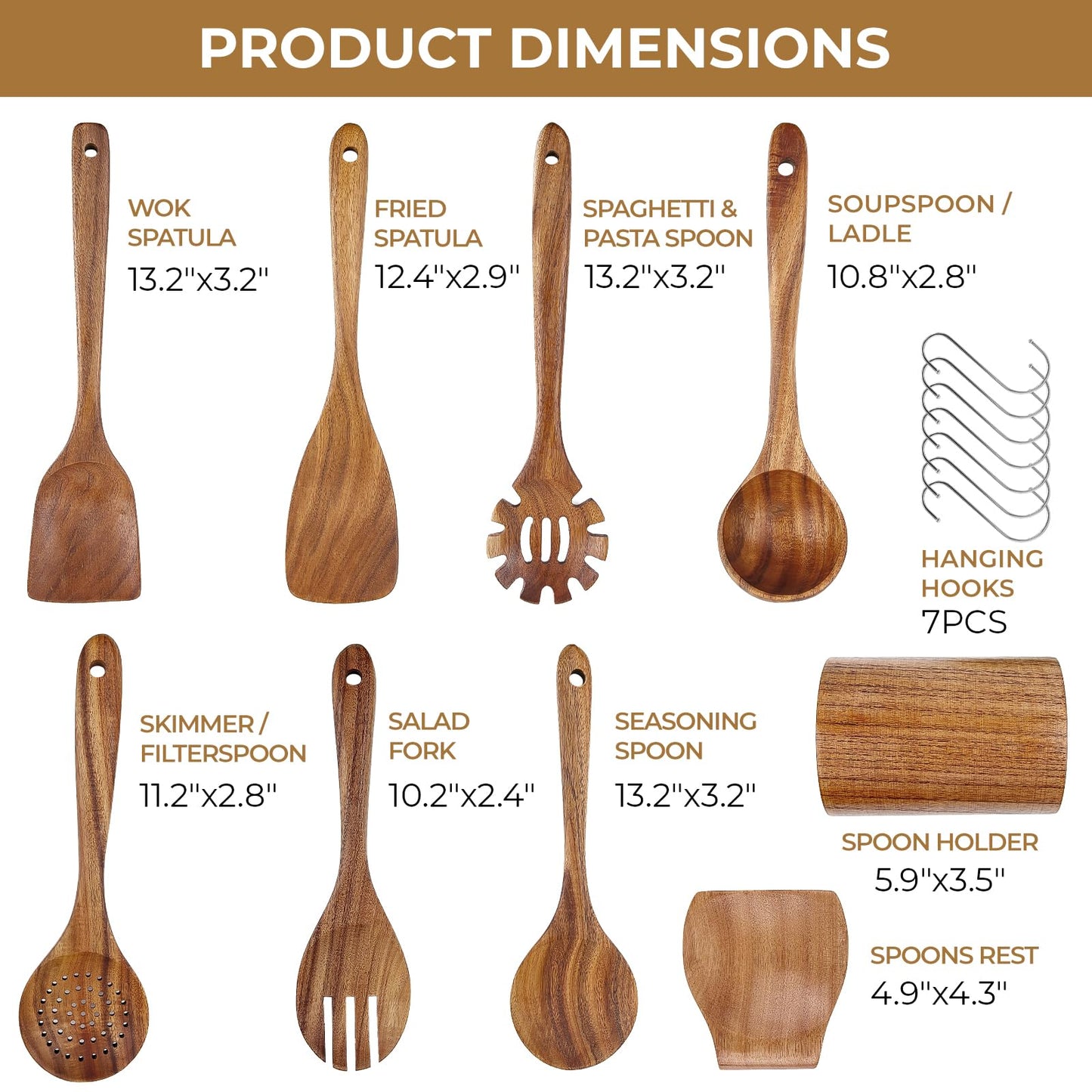 AIUHI 9pcs Wooden Spoons for Cooking, Wooden Kitchen Utensils, Teak Wood Spatulas Utensils set