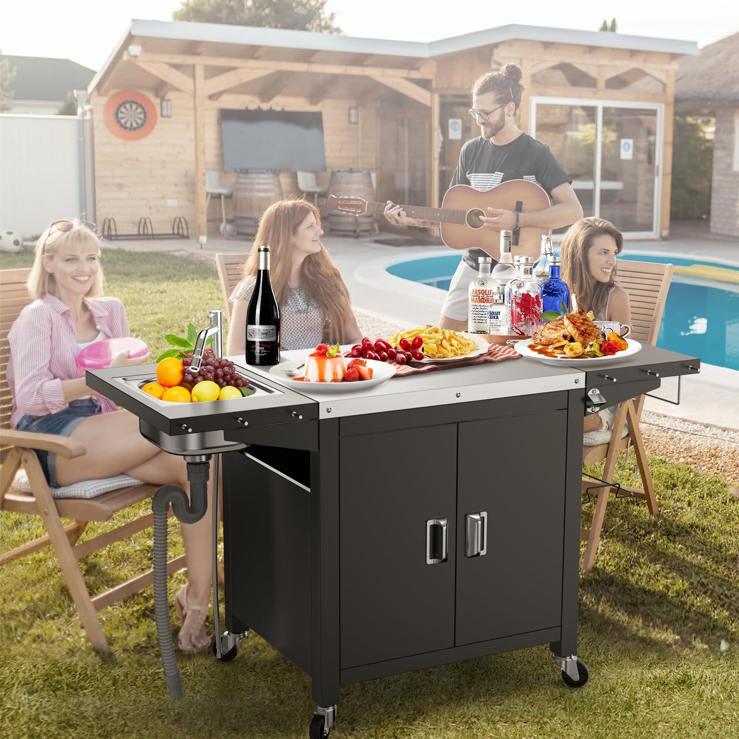 Grill Table with Sink, Outdoor Bar Cart Grill Station, Modular Outdoor Kitchen Island with 100-Gallon Storage Cabinet, 304 Stainless Steel Top, Pizza Oven Table for Lawn & Garden, L60” x W25”