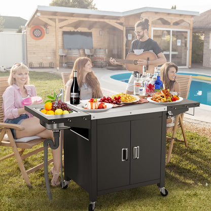 Grill Table with Sink, Outdoor Bar Cart Grill Station, Modular Outdoor Kitchen Island with 100-Gallon Storage Cabinet, 304 Stainless Steel Top, Pizza Oven Table for Lawn & Garden, L60” x W25”
