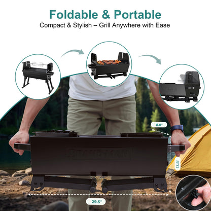 Brand-Man 2-in-1 Charcoal BBQ Grill & Motorized Rotisserie, Outdoor Portable Grill with Spit Roaster for Camping & Tailgating, Foldable, Adjustable Height, Dual Vents