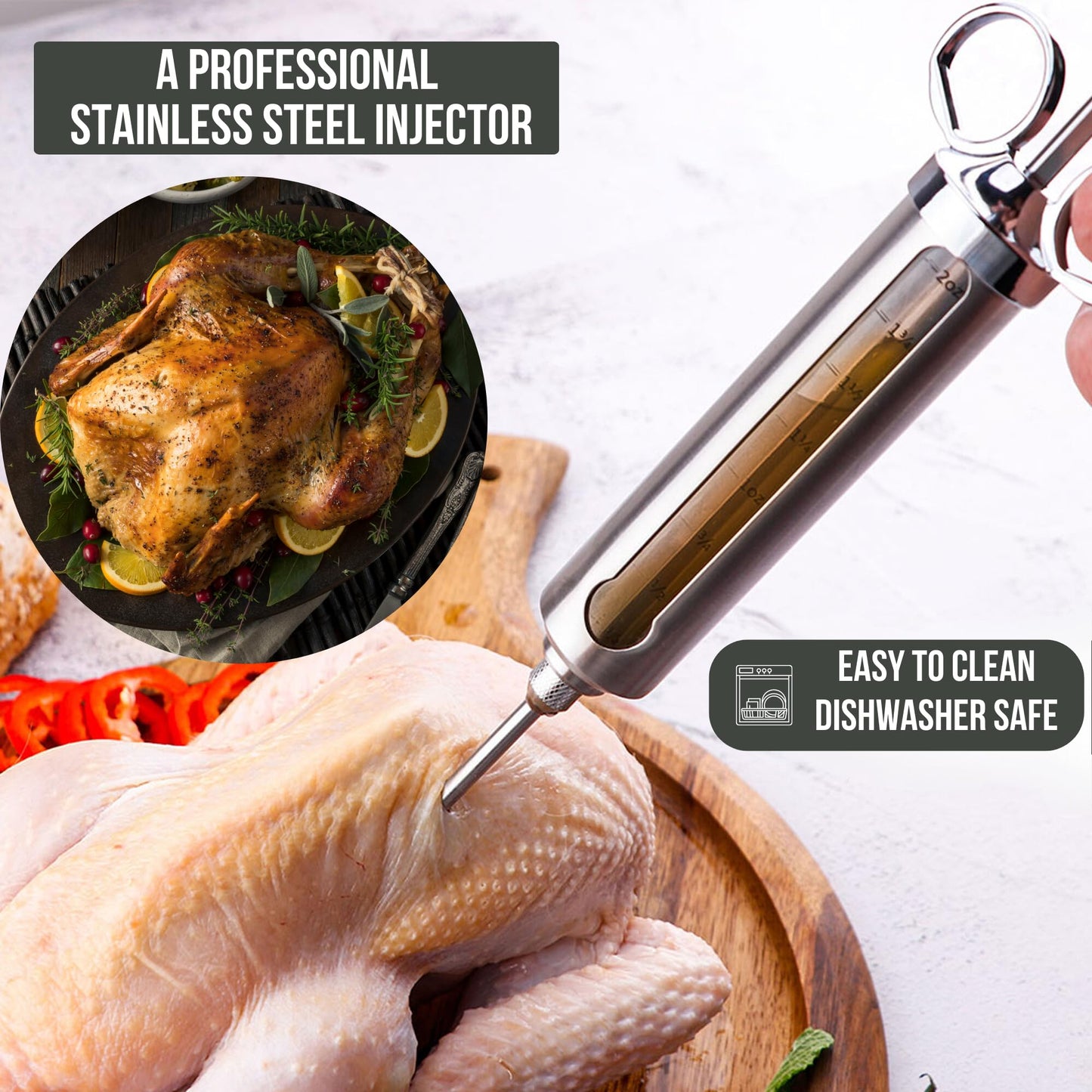 Professional Meat Injector Marinade Syringe Kit for Smoking & Grilling Turkey, Brisket & BBQ - Large 2 Oz Visible Stainless Steel Capacity - Never Leaks or Clogs + Safe Grill Cleaner & Flavor Brush