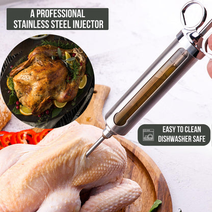 Professional Meat Injector Marinade Syringe Kit for Smoking & Grilling Turkey, Brisket & BBQ - Large 2 Oz Visible Stainless Steel Capacity - Never Leaks or Clogs + Safe Grill Cleaner & Flavor Brush