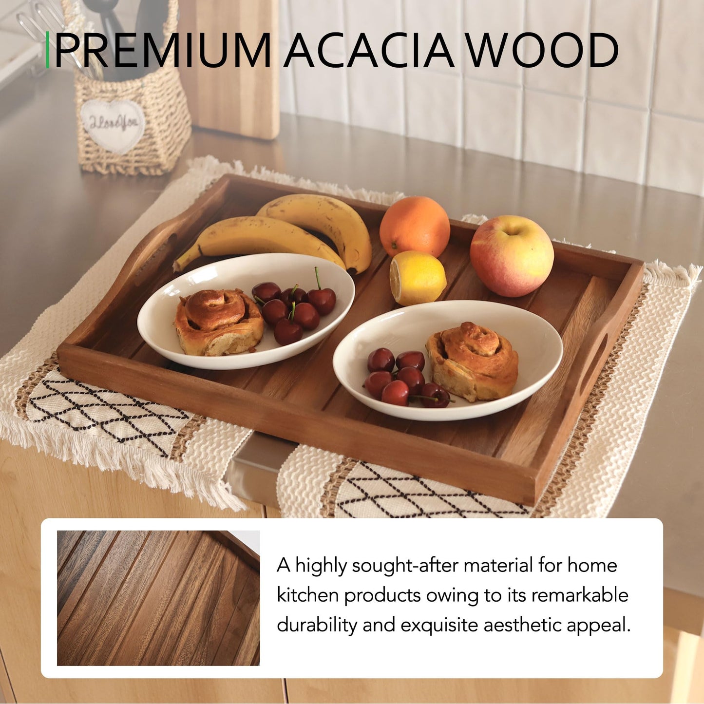 Large Acacia Wooden Serving Tray with Handles 20x14inch Coffee Table Ottoman Tray for Living Room, Extra Large Wood Serving Tray for Dinner Eating Food Breakfast Decor, TV Bed Tray(Gift Wrap, Natural)