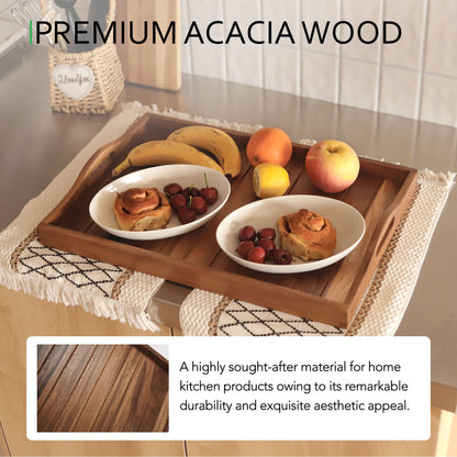 Large Acacia Wooden Serving Tray with Handles 20x14inch Coffee Table Ottoman Tray for Living Room, Extra Large Wood Serving Tray for Dinner Eating Food Breakfast Decor, TV Bed Tray(Gift Wrap, Natural)