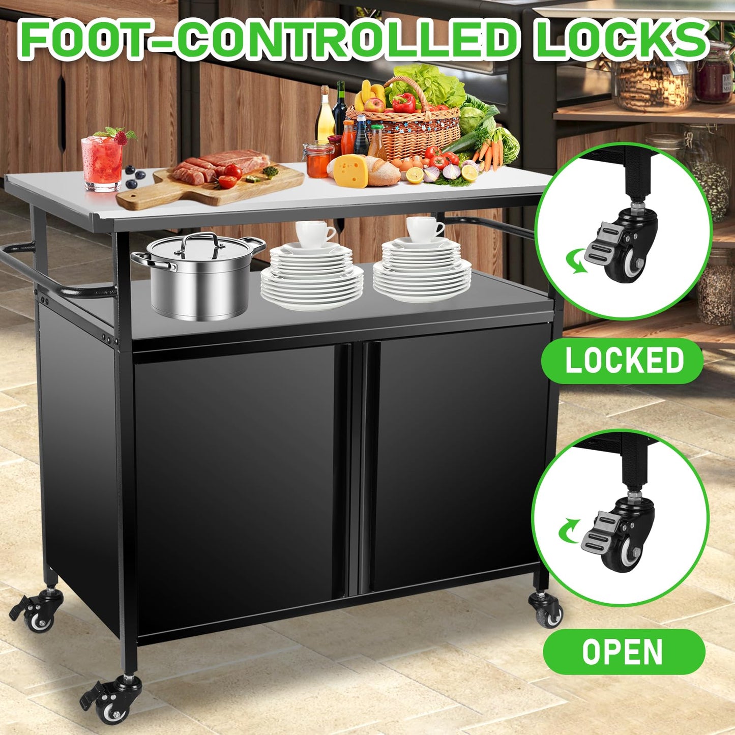 31" H Grill Cart with Storage - Outdoor BBQ Prep Table, Lockable Wheels & Magnetic Cabinet for Patio, Backyard, Tailgating