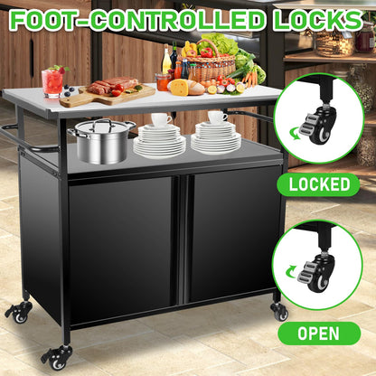 31" H Grill Cart with Storage - Outdoor BBQ Prep Table, Lockable Wheels & Magnetic Cabinet for Patio, Backyard, Tailgating