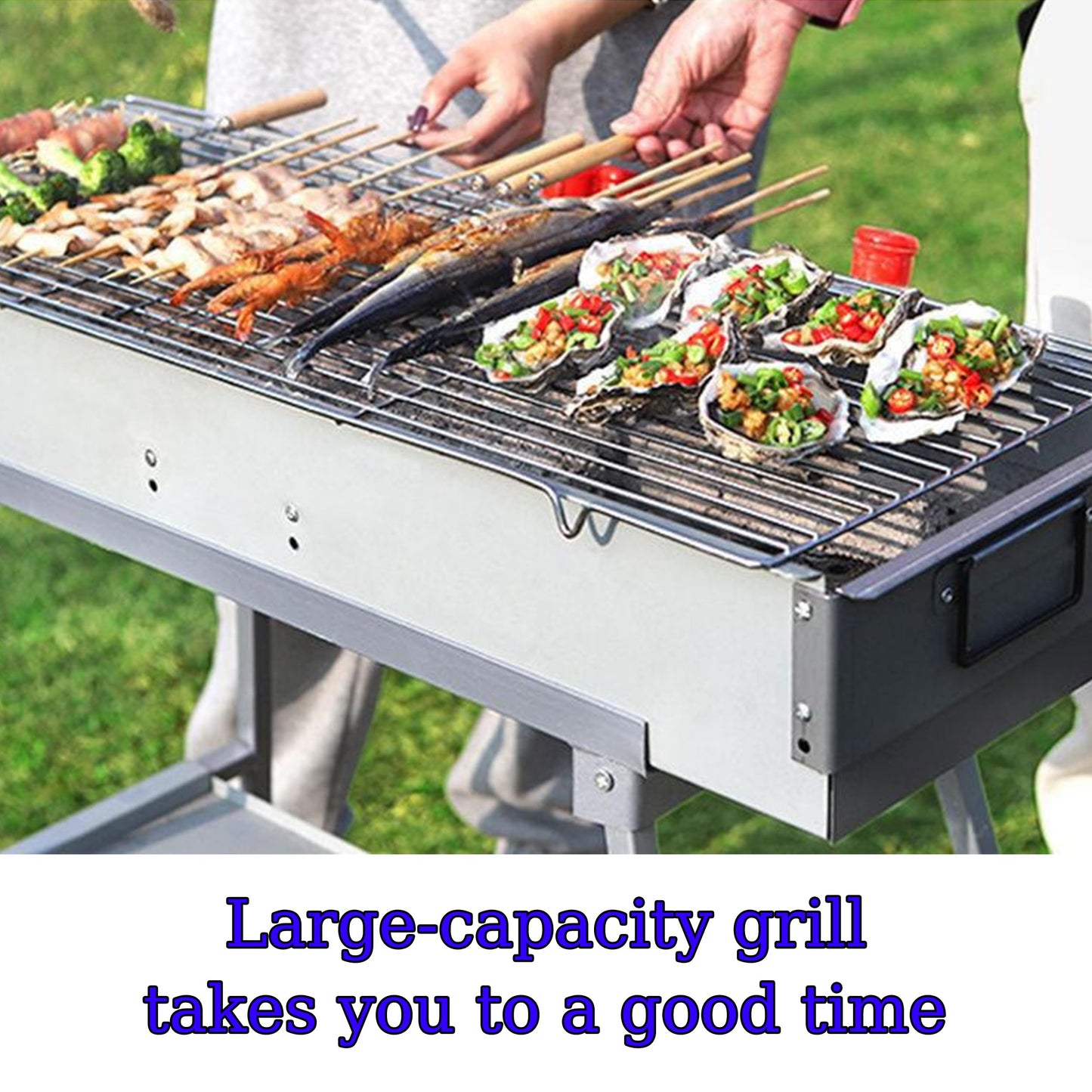 Portable Charcoal Grill, Stainless Steel BBQ Grill with Foldable Stand Adjustable Air Vents, Kebab Skewer BBQ Barbecue Grill Kit for Garden Backyard Party Picnic Travel Outdoor Use (31.6x7.1inch)