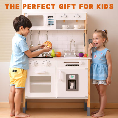 PHGLL Play Kitchen for Kids Wooden Kitchen Toy Playset w/Light and Clicking Knobs, Chef Pretend Play Set w/Microwave, Oven, Coffee Machine, Ice Maker, Telephone, Toy Kitchen Set for Toddlers (White)