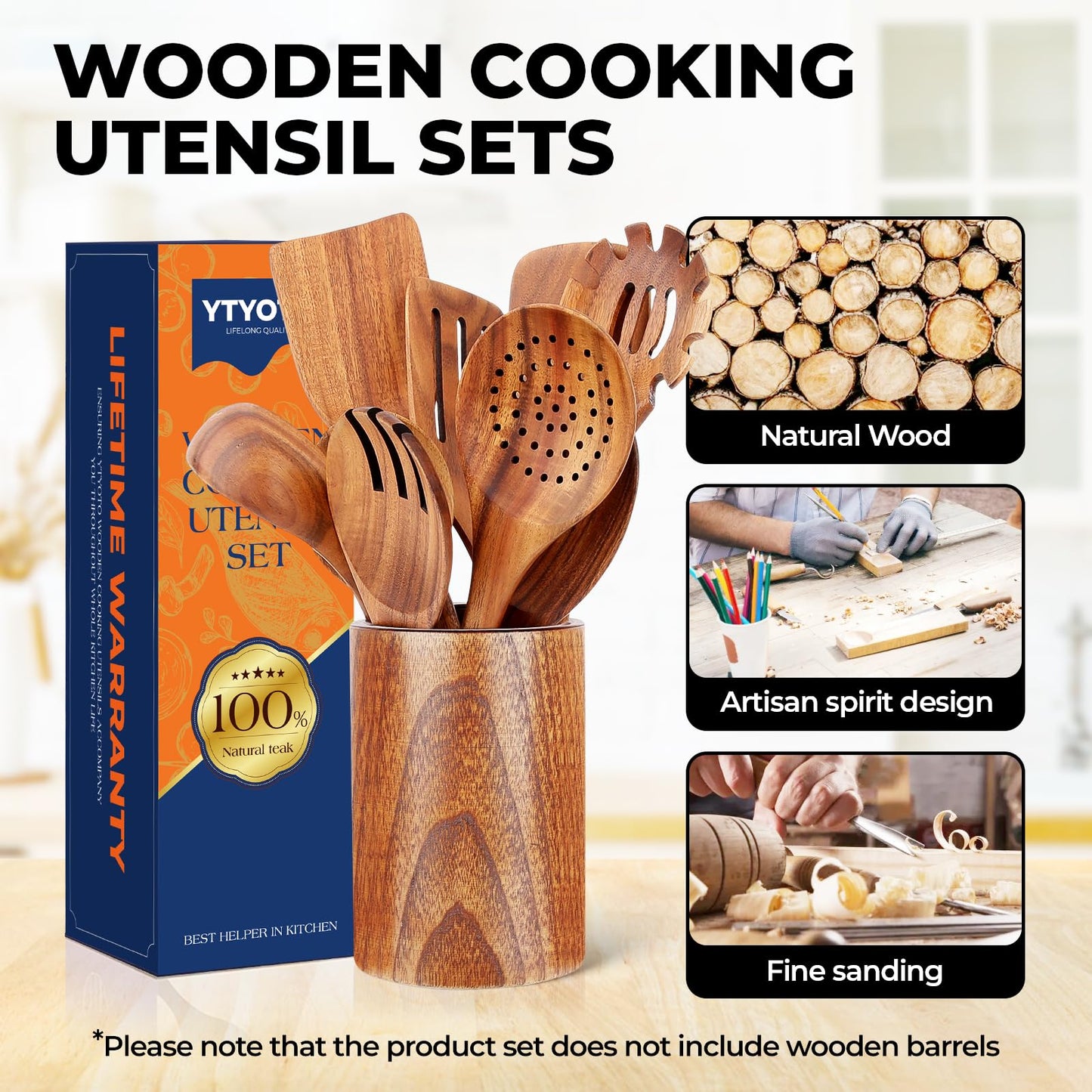 YTYOTO Wooden Spoons for Cooking, Natural Teak Wooden Kitchen Utensils Set, Essential Wooden Spoon Set (9Pcs)