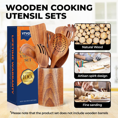 YTYOTO Wooden Spoons for Cooking, Natural Teak Wooden Kitchen Utensils Set, Essential Wooden Spoon Set (9Pcs)