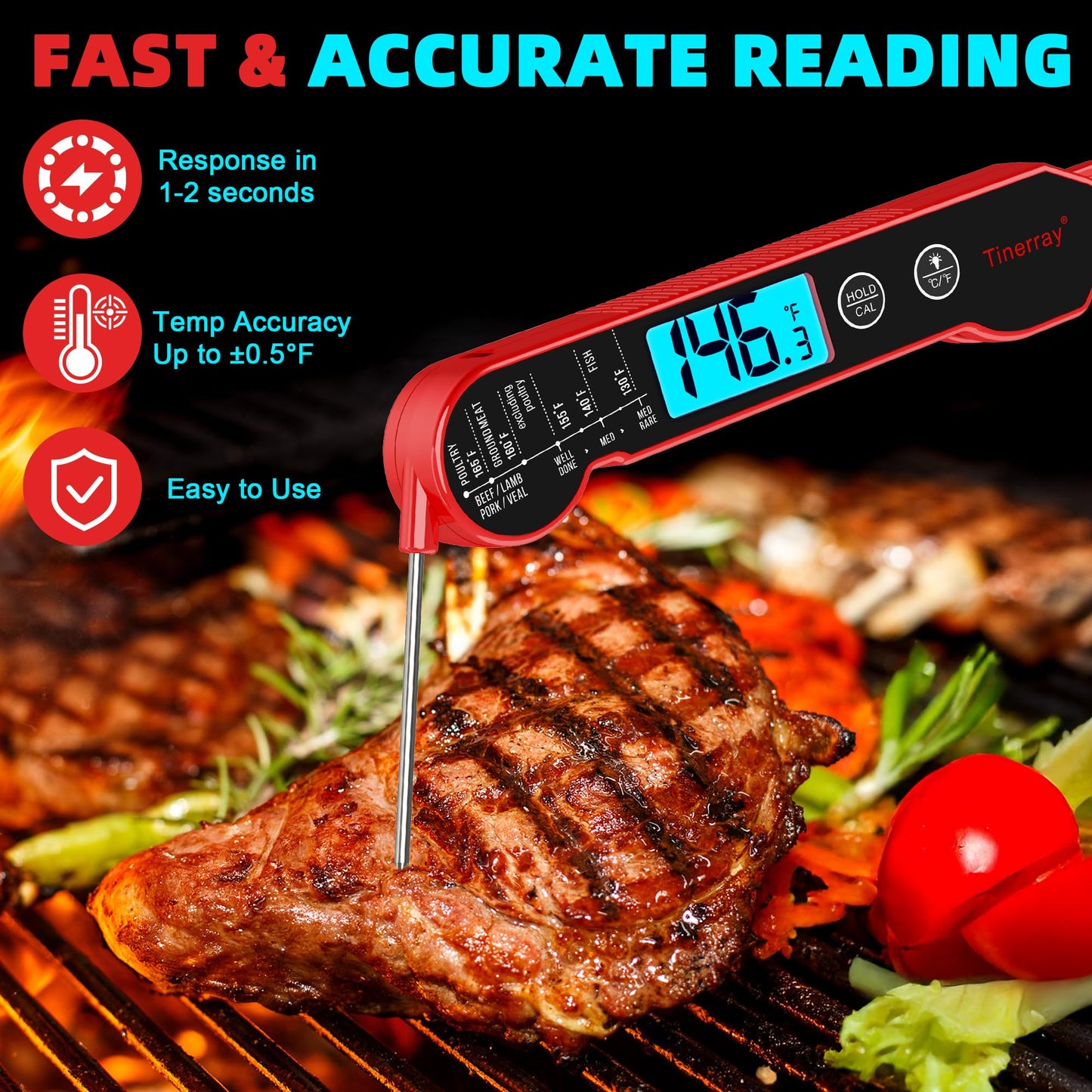 Digital Meat Thermometer for Cooking – Waterproof Instant Read Food Thermometer with Backlight & Calibration, Fast Read, Folding Probe for BBQ, Grill, Candy, Deep Fry, Kitchen, Liquids, Beef（Red）