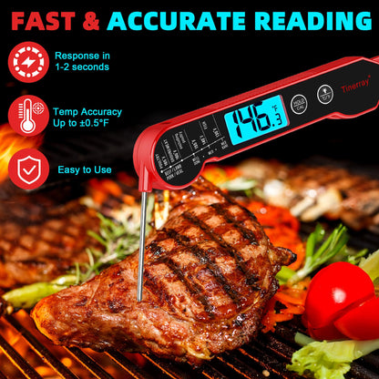 Digital Meat Thermometer for Cooking – Waterproof Instant Read Food Thermometer with Backlight & Calibration, Fast Read, Folding Probe for BBQ, Grill, Candy, Deep Fry, Kitchen, Liquids, Beef（Red）