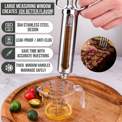 Professional Meat Injector Marinade Syringe Kit for Smoking & Grilling Turkey, Brisket & BBQ - Large 2 Oz Visible Stainless Steel Capacity - Never Leaks or Clogs + Safe Grill Cleaner & Flavor Brush