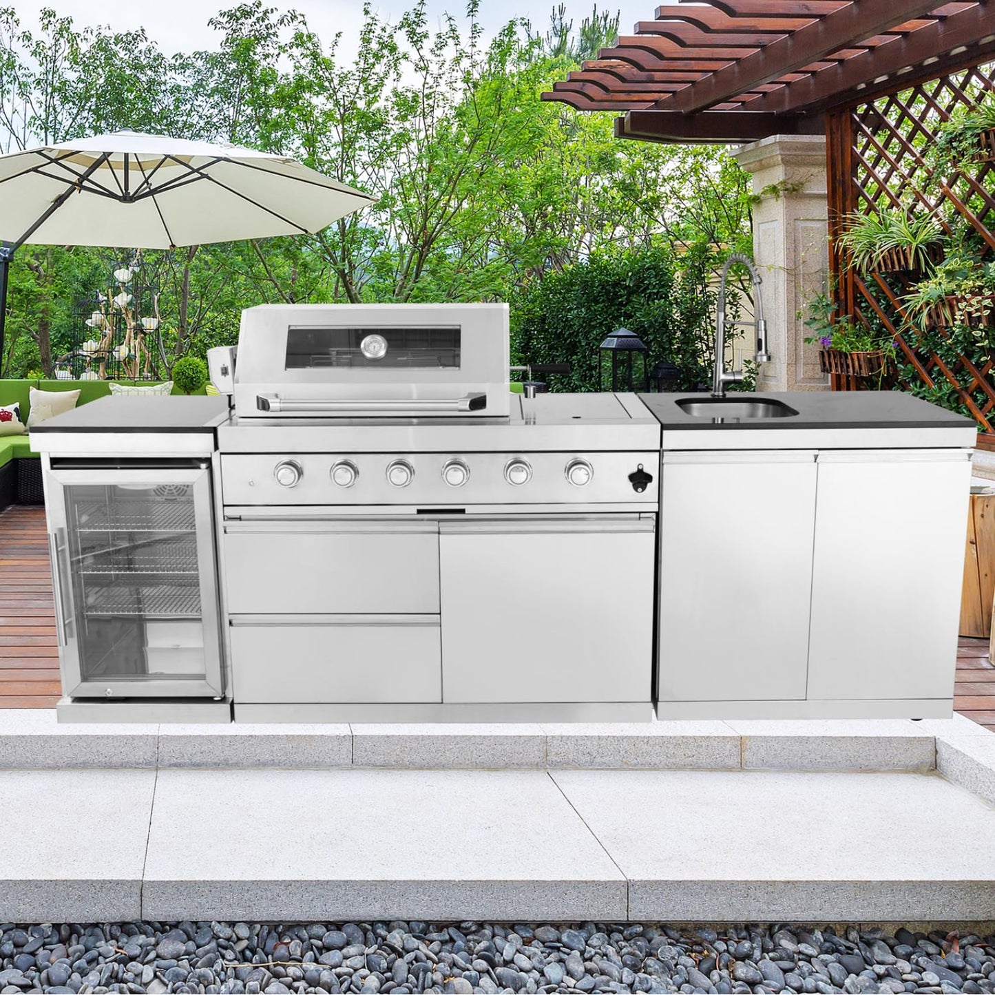 4 Burner Outdoor Kitchen Island with Grill and Side Burner, 72000 BTU Deluxe Stainless Steel Modular Outdoor Kitchen, Gas Propane BBQ Island with Refrigerator, 2 Doors Sink, Rotisserie, 104"W, Silver