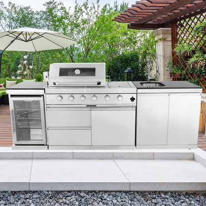 4 Burner Outdoor Kitchen Island with Grill and Side Burner, 72000 BTU Deluxe Stainless Steel Modular Outdoor Kitchen, Gas Propane BBQ Island with Refrigerator, 2 Doors Sink, Rotisserie, 104"W, Silver