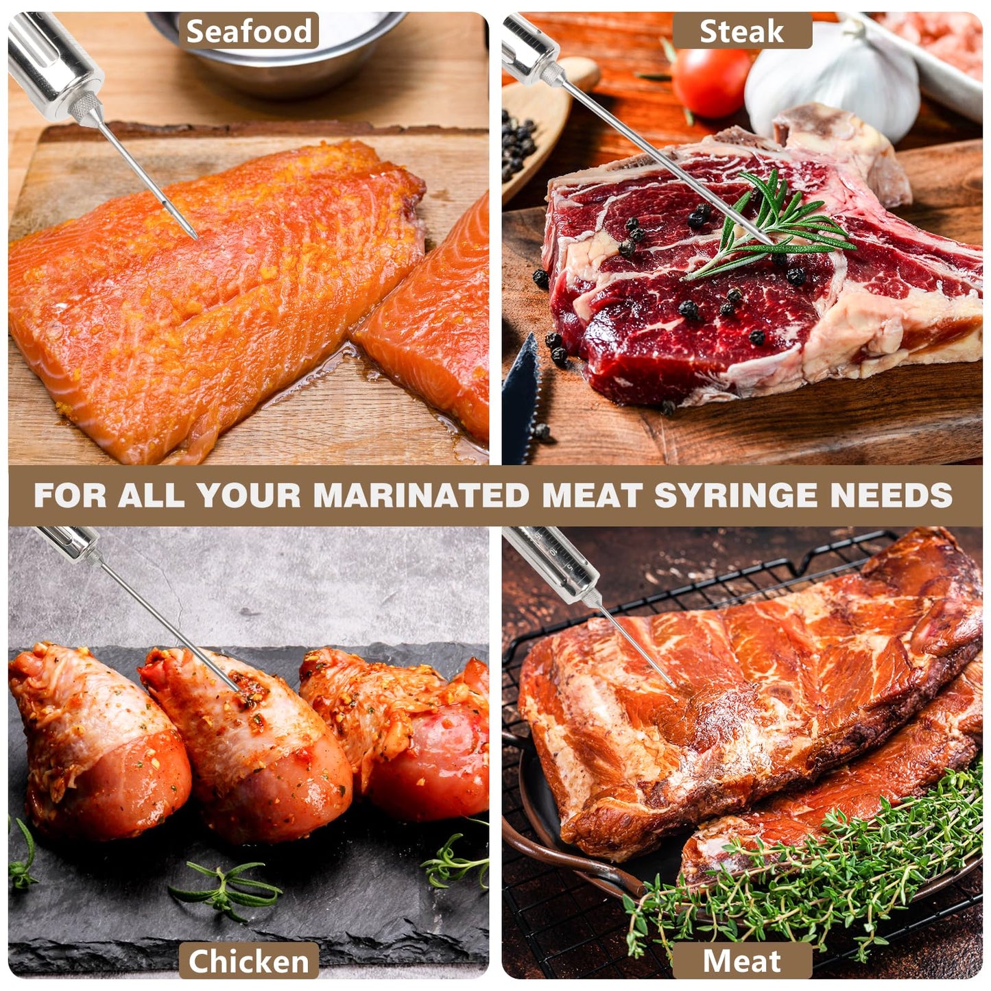 Premium Meat Injector Kit - Stainless Steel Marinade Syringe with 4 Needles, Leak-Proof, Food-Grade Injector for BBQ, Turkey, Chicken, and Grilling – Includes Bonus Glass Tube(9.1in)