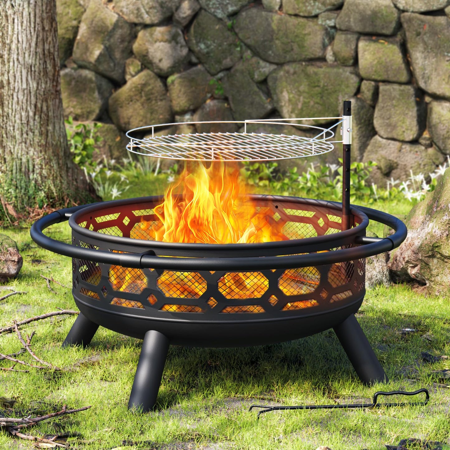 Florise 36 Inch Fire Pit, Outdoor Wood Burning Firepit with Removable Grill & Poker, Heavy Duty Metal Round Fireplace,2 in 1 Large Bonfire for Outside,BBQ,Yard,Patio