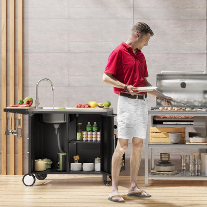 ROOMTEC Outdoor Grill Cart with Stainless Steel Sink, Rolling Metal Prep Table & Storage Cabinet, BBQ Kitchen Island for Patio or Garden