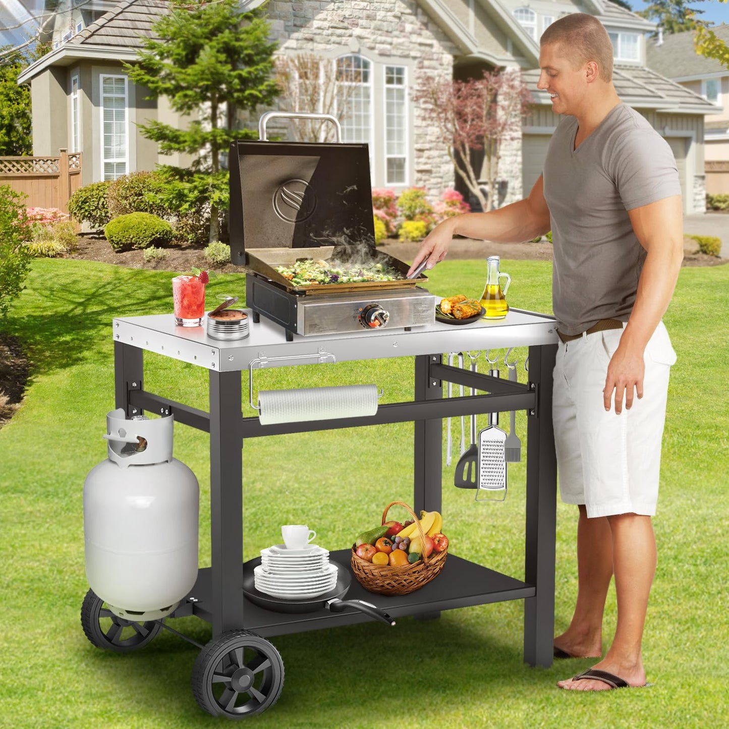 GRILL FORCE Outdoor Grill Table, Movable Dining Cart, Pizza Oven Table Stand, Double-Shelf Grill Stand, Food Prep and Work Cart with Wheels, Hooks, Fits for Blackstone Ninja