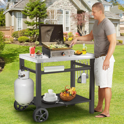 GRILL FORCE Outdoor Grill Table, Movable Dining Cart, Pizza Oven Table Stand, Double-Shelf Grill Stand, Food Prep and Work Cart with Wheels, Hooks, Fits for Blackstone Ninja