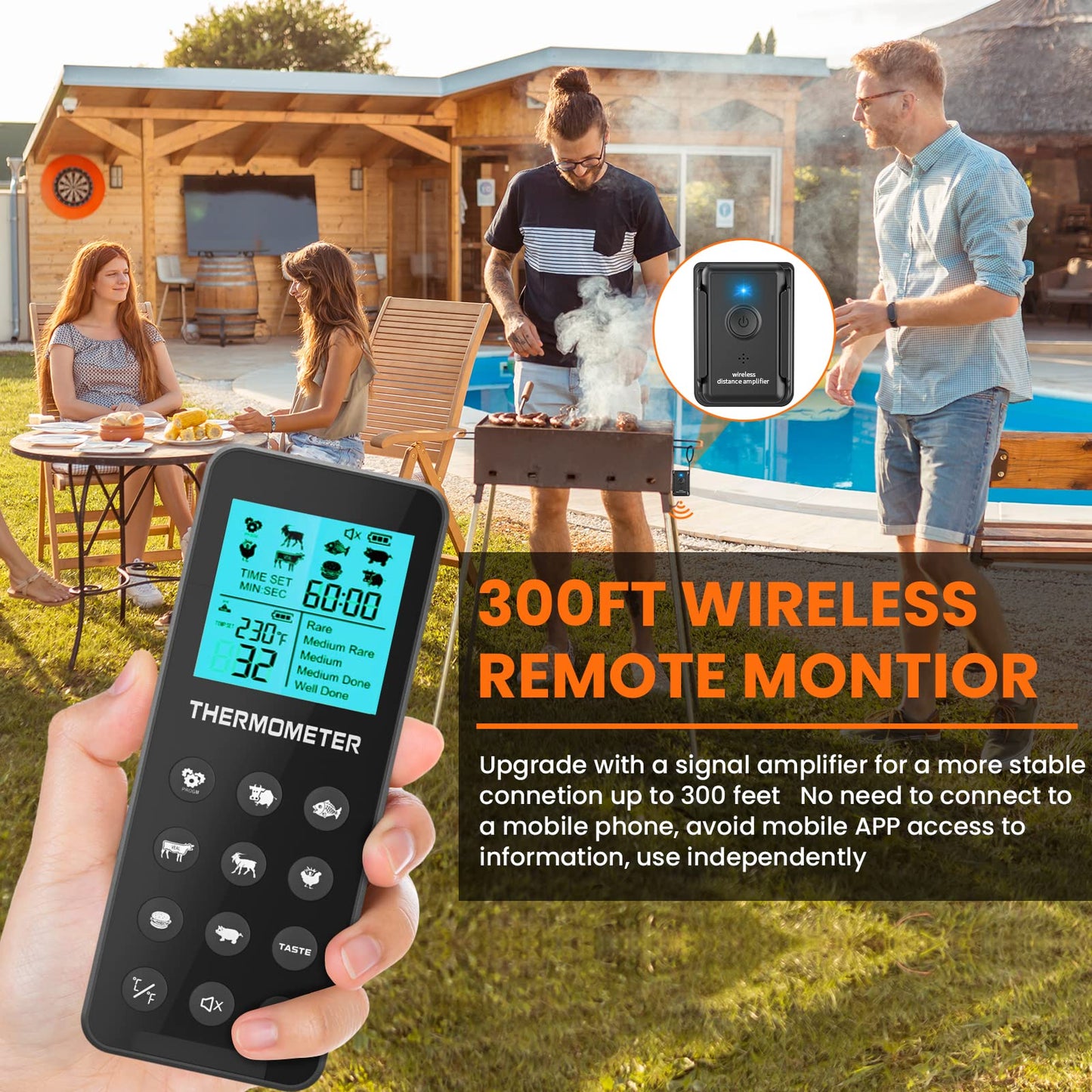 Wireless Meat Thermometer IP67,Kiydom 300FT Digital Wireless Meat Thermometer with Alarm Function for The Oven, Grill, Kitchen, BBQ, Smoker, Rotisserie