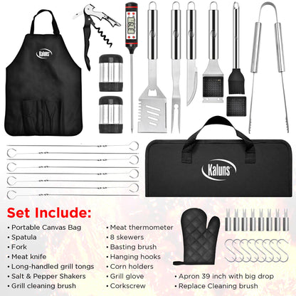 Kaluns Grilling Accessories, Dad Gifts for Christmas Grilling Gifts, Heavy Duty Stainless Steel Grill Set BBQ Grill Accessories for Outdoor Grill with Meat Thermometer, Case and Apron