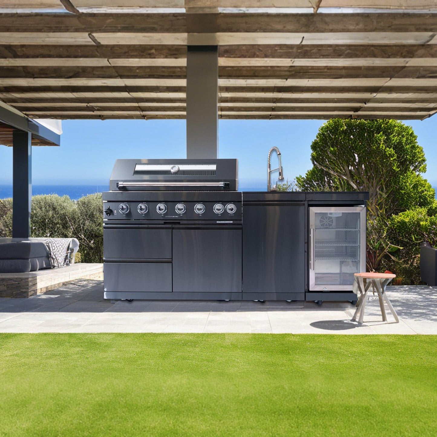 6 Burner Outdoor Kitchen Island with Grill, Deluxe Stainless Steel Modular Outdoor Kitchen, 85000 BTU, Gas Propane BBQ Island with Refrigerator, Sink, Rotisserie, 85"W, Black