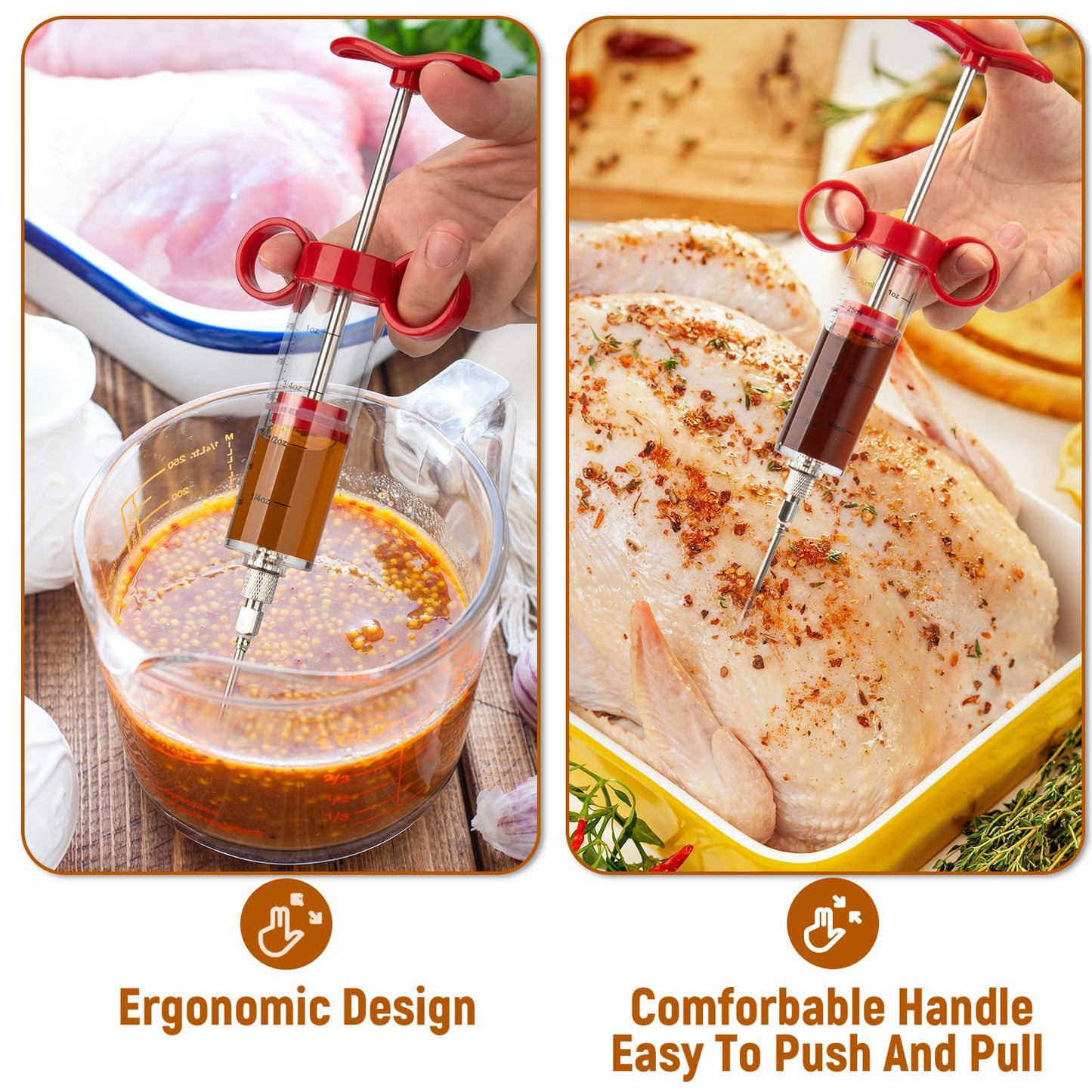 Kingsmile Meat Injector, Turkey Injector Syringe - 3 Needles for BBQ Grill, 1oz Meat Injector Syringe, Injector Marinades for Meats, Meat Injectors for Smoking 1 Cleaning Brush Easy to Use & Clean Red