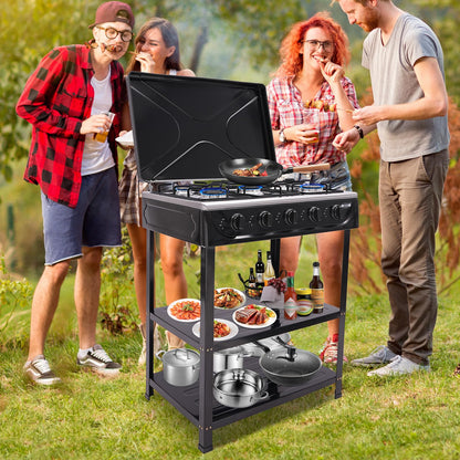 YUMIONB 5 Burners BBQ Propane Gas Grill, Freestanding Natural Gas Stove Patio Garden Barbecue Grill Manual Ignition Camping Stove Portable Grills for Stir-Frying, Cooking Pasta, Boiling Soup (Black)