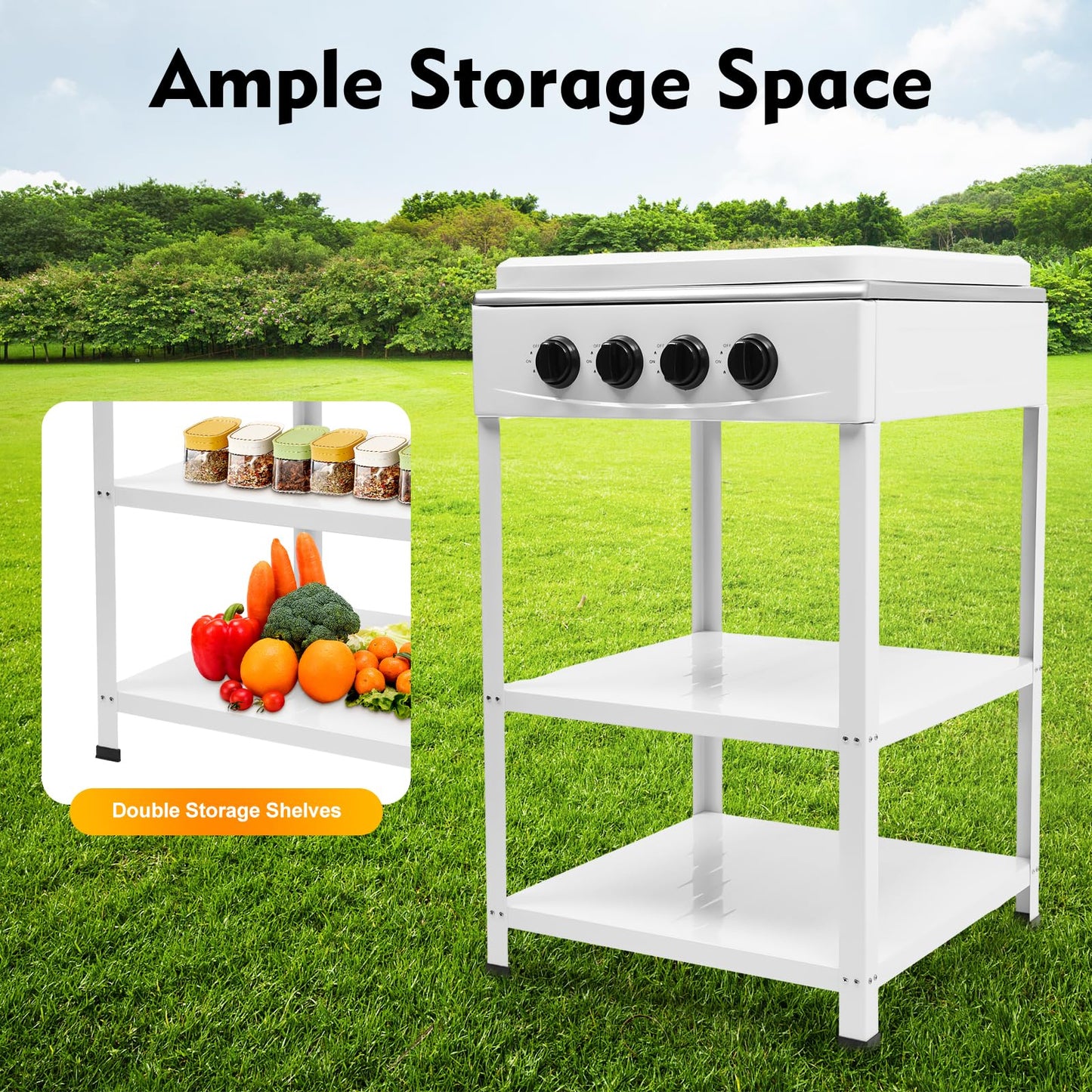 Propane Gas Stove 4 Burner, Portable Natural Gas Stove Stainless Steel, Camping Stove Gas Cooker with 2-Tier Storage Stand, Freestanding Propane Burner for Backyard, Outdoor Cooking