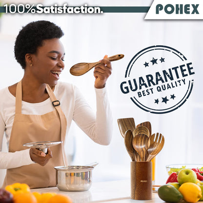 Pohex Teak Wood 12 Piece Kitchen Utensil Set with Wooden Holder/Barrel, 6 Gadgets Wooden Spatula, Spurtle, Slotted Spoon, Salad Spoon and Fork, Small Mixing Spoon and 6 Hooks Handmade Cookware No BPA