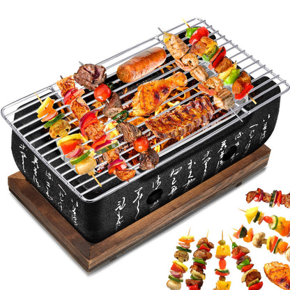 Japanese Style Grill Portable Japanese Barbecue Aluminum Alloy Hibachi Grill Charcoal Stove Yakitori Household Charcoal with Wire Mesh Wooden Base