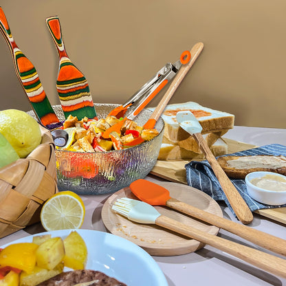 8PCS Pakkawood Spurtle Set,Spurtles Kitchen Tools,Silicone Cooking Utensil Set,Natural wooden Handle silicone Cooking Utensils Set,Heat Resistant, Nonstick Cookware